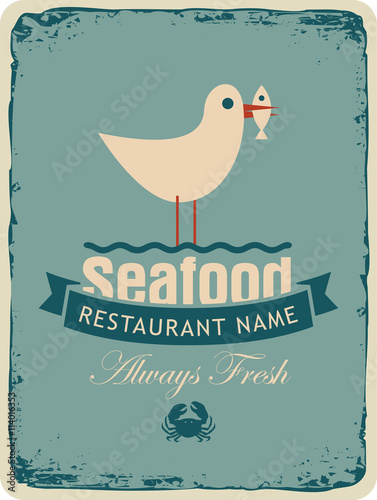 Retro banner for a seafood restaurant menu with a seagull with a fish in its beak