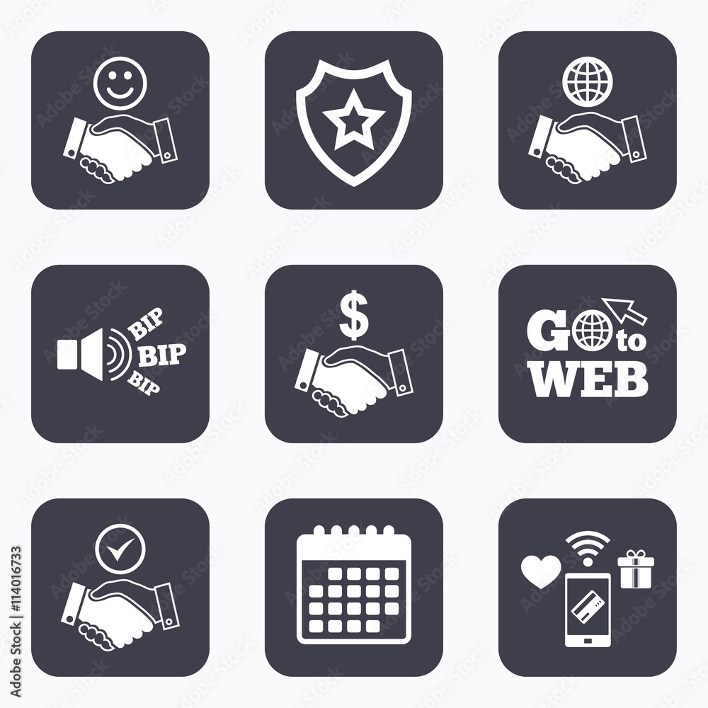 Handshake icons. World, Smile happy face. Handshake icons. World, Smile happy face.