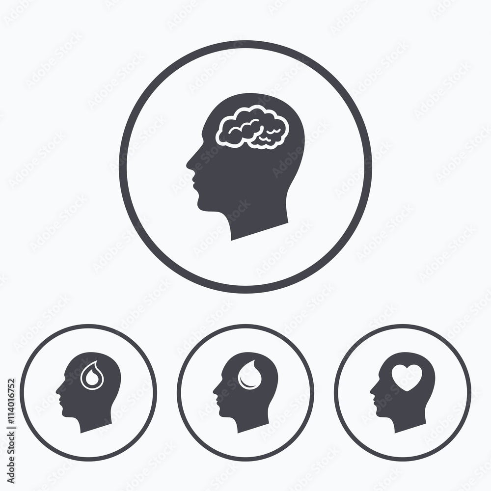 Head with brain icon. Male human symbols. Head with brain icon. Male human symbols.