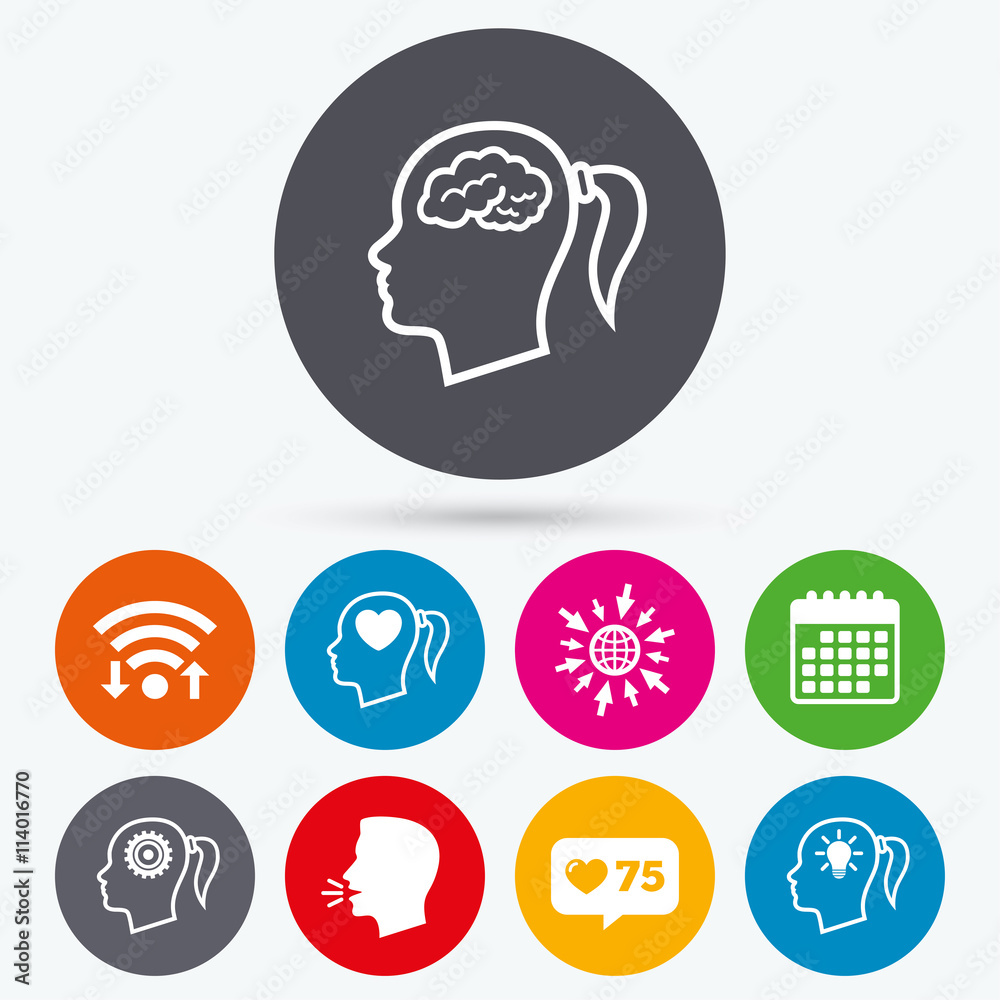 Head with brain icon.Female woman symbols. Head with brain icon.Female woman symbols.