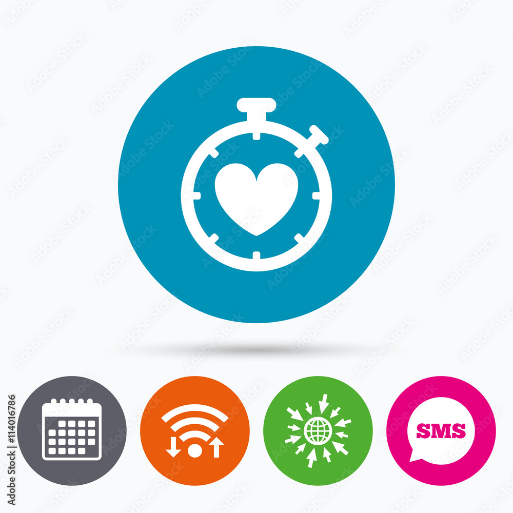 Heart Timer sign icon. Stopwatch symbol. Heart Timer sign icon. Stopwatch symbol.