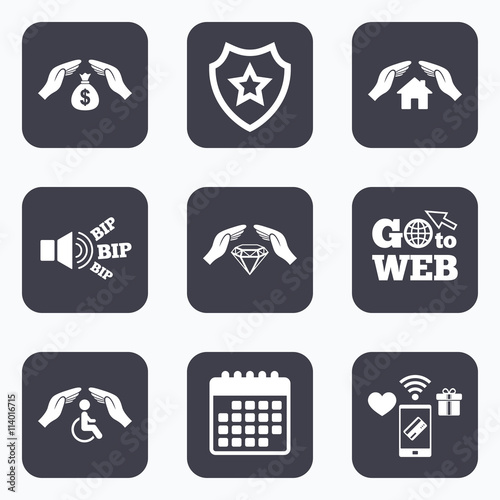 Hands insurance icons. Money savings sign.