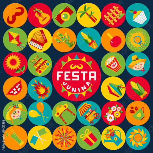 Festa Junina village festival in Latin America. Icons set in bri