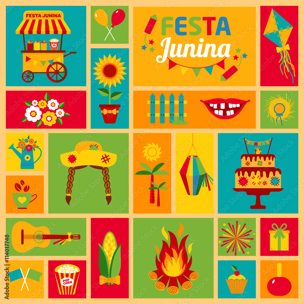 Naklejka premium Festa Junina village festival in Latin America. Icons set in bri