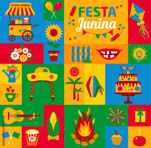 Festa Junina village festival in Latin America. Icons set in bri