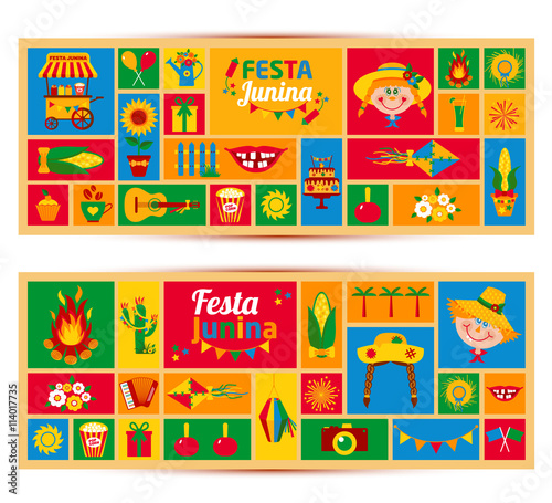Festa Junina village festival in Latin America. Icons set in bri