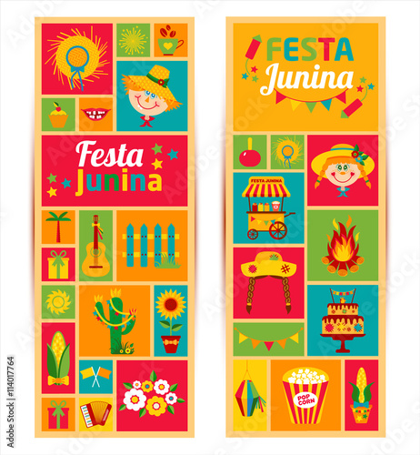 Festa Junina village festival in Latin America. Icons set in bri