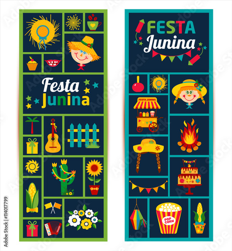 Festa Junina village festival in Latin America. Icons set in bri