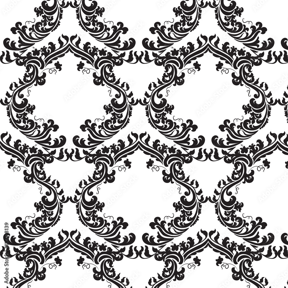 Vector floral damask pattern background. Royal Victorian texture. Classical luxury vintage damask ornament for wallpapers, textile, fabric, wrapping. Delicate floral baroque template. Black color Vector floral damask pattern background. Royal Victorian texture. Classical luxury vintage damask ornament for wallpapers, textile, fabric, wrapping. Delicate floral baroque template. Black color