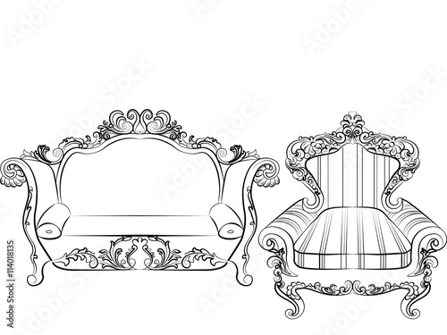 Baroque Imperial luxury style furniture. Elegant couch set with luxurious rich ornaments. Vector sketch..