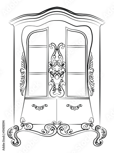 Showcase cabinet with rich luxurious ornaments. Baroque Imperial luxury style furniture. Vector