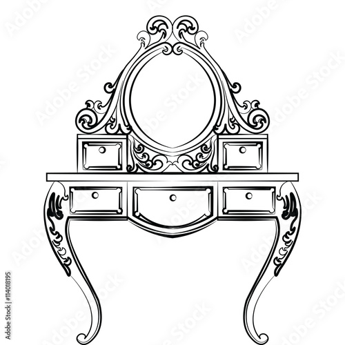 Dressing table in round shape with rich ornaments. Elegant furniture with rich ornaments. Baroque Luxury style furniture. Vector