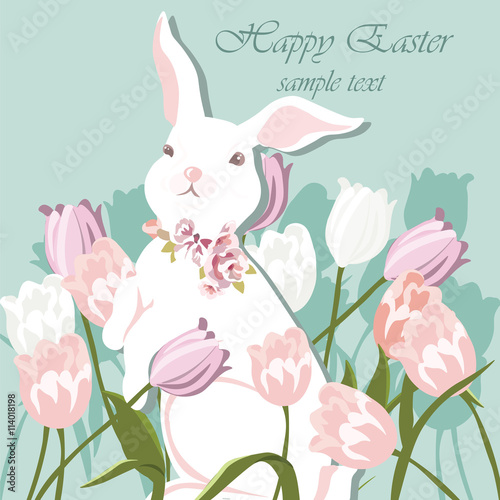 Happy Easter card Illustration with cute bunny rabbit and tulips. Vector
