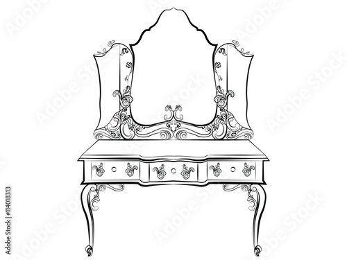 Baroque Royal luxury style furniture. Dressing table and mirror set with luxurious rich ornaments. Vector