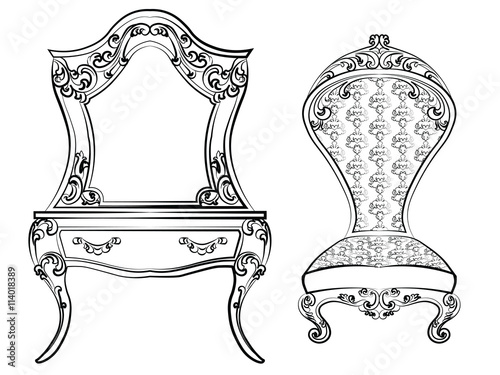 Dressing table and armchair. Original shape decorated with luxury ornaments. Elegant furniture with rich ornaments. Baroque Luxury style furniture. Vector