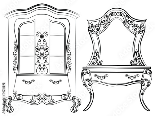 Glass case and dressing table set. Elegant furniture with drawers rich ornamented. Baroque Luxury style furniture. Vector