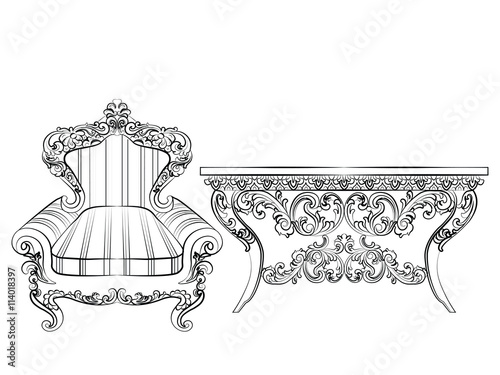 Baroque Imperial luxury style furniture. Elegant armchair and table set with luxurious rich ornaments. Vector sketch