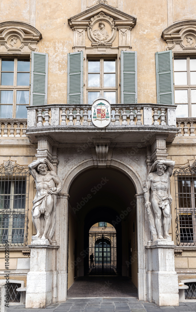 Statues of Hercules at the 18th century Palazzo Vescovile in Mantua, Italy
