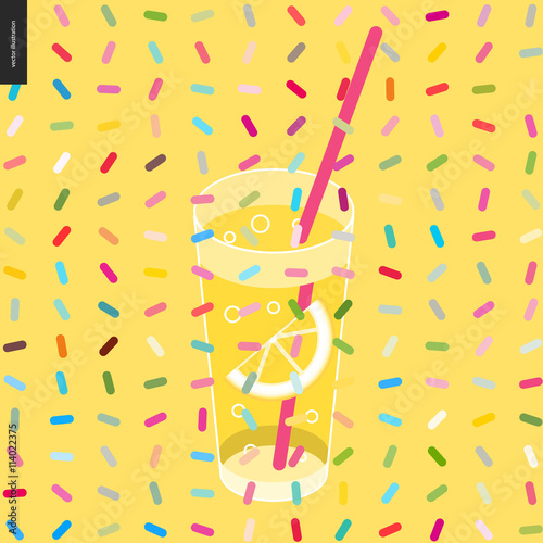 Glass of lemonade and a pattern - cartoon flat vector illustrated glass of lemonade with drinking straw, lemon pieces inside, and twisted geometric colorful pattern of sprinkles above on the yellow