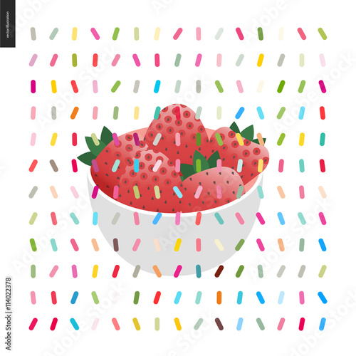 Strawberry in bowl and a pattern - cartoon flat vector illustrated strawberries inwhite bowl, and twisted geometric colorful pattern of sprinkles above on the white background