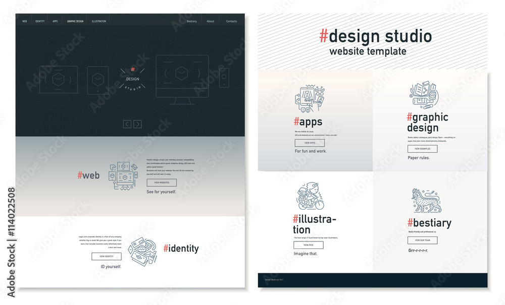 Design studio website flat contemporary template - website layout on design with topic blocks of graphic design, web design, identity, illustration, application development, company profile, bestiary