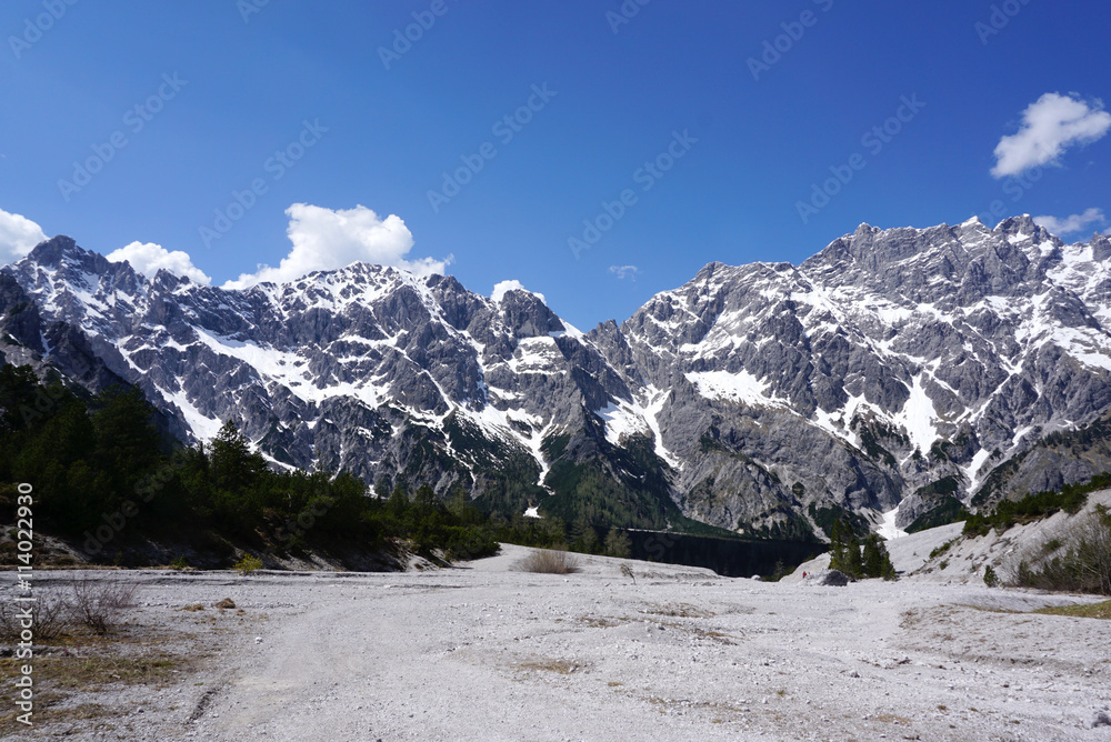Beautiful rockfall valley of Wimbachgries with blue sky backgrou