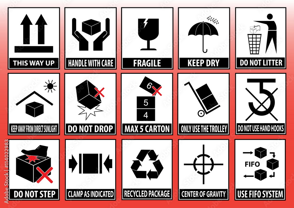 Set Of Packaging Symbols (this Side Up, Handle With Care, Fragile, Keep  Dry, Keep Away From Direct Sunlight, Do Not Drop, Do Not Litter, Use Only  The Trolley, Use Fifo System, Max