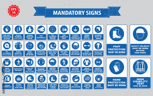mandatory signs, construction health, safety sign used in industrial applications (safety helmet, gloves, ear protection, eye protection, foot protection, hairnet, respirator, mask, antistatic, apron) photo
