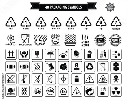 Set Of Packaging Symbols (this side up, handle with care, fragile, keep dry, keep away from direct sunlight, do not drop, do not litter, use only the trolley, use fifo system, max carton, recyclable).