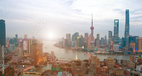 Aerial photography at Shanghai bund Skyline of sunrise