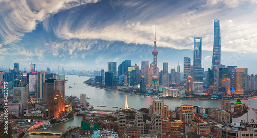 Aerial photography at Shanghai bund Skyline of twilight © Aania