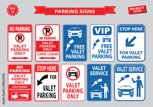 Valet Parking signs (valet parking only, free valet parking, valet service, vip, unauthorized vehicles towed away). easy to modify