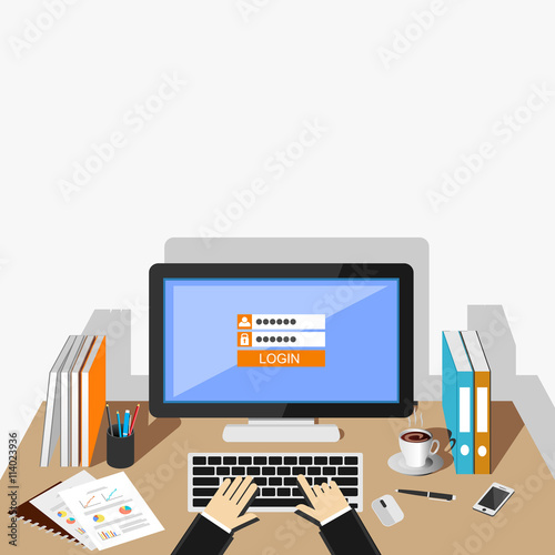A person insert password and username in login form illustration. Login form on desktop screen illustration concept.
