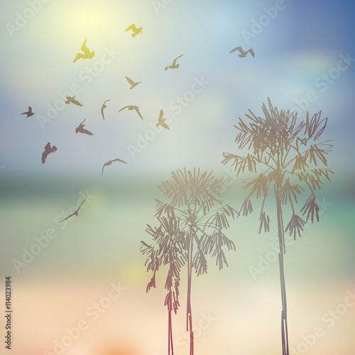 Silhouette of palm trees and birds, beach, sky and sea blue background. Vector © EkaterinaP