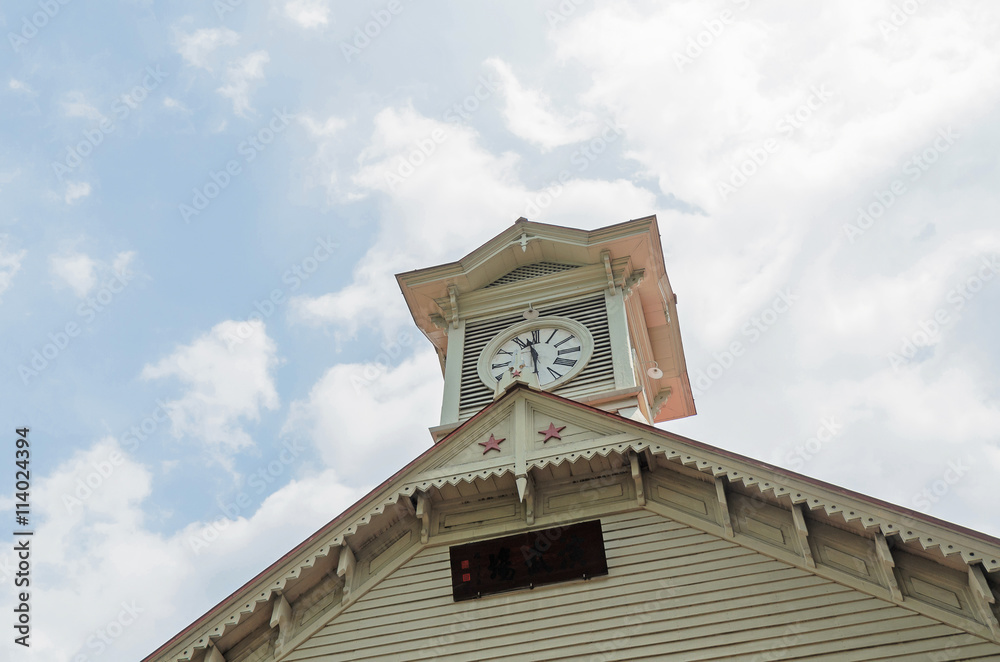 Sapporo city clock tower and blue sky in summer at hokkaido japan