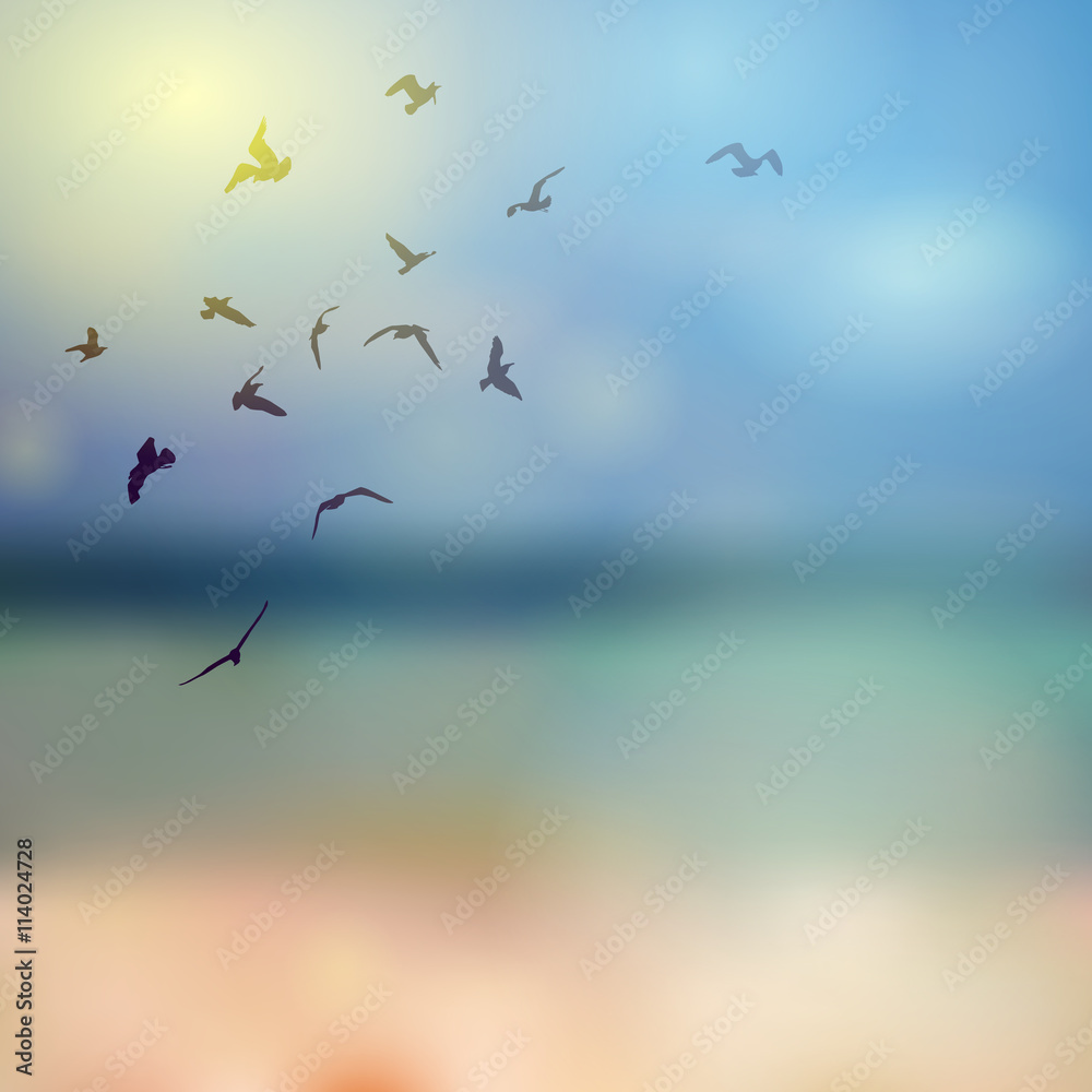 Obraz premium birds silhouette on sunny sky and beach background. Vector