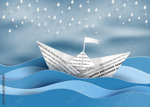 Paper Boat Floating on a Stormy Blue Sea