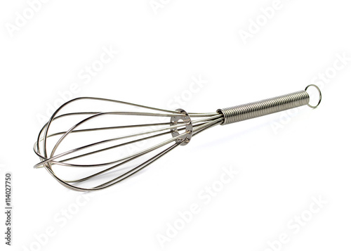 stainless balloon whisk on white background