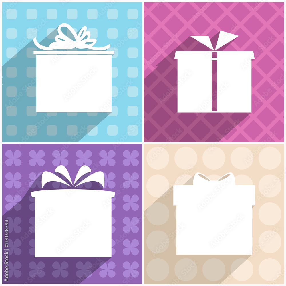 Set of four icons of gift boxes with colourful different backgrounds. Set of four icons of gift boxes with colourful different backgrounds.