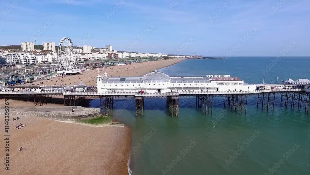 Aerial panning view of the beach in Brighton Aerial panning view of the beach in Brighton