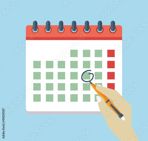 Hand with pen mark calendar. Flat icon.