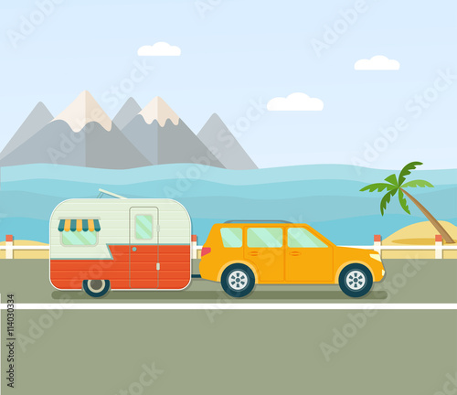 Road trip. Travel trailer and car. Sea view. Vacation poster concept. Flat vector illustration