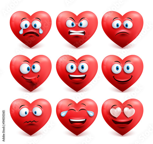 Heart face vector set in red color with funny facial expressions and emotions isolated in white background. Vector illustration.
