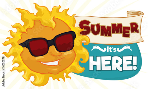 Cool Summer Banner with Sun  Scroll and Sign  Vector Illustration