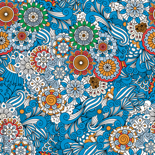 Blue full frame floral seamless background with other geometric elements and intricate designs