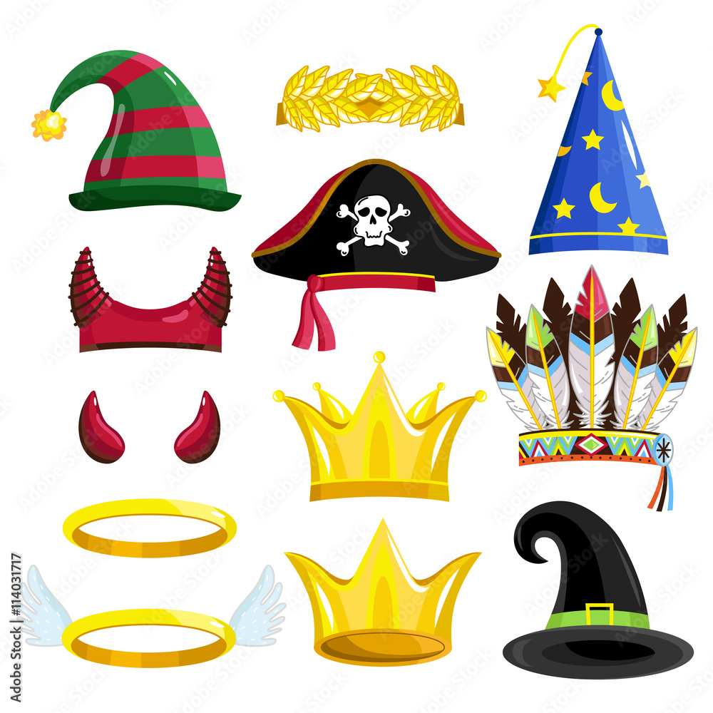 Birthday party photo booth props for festive or masquerade. Devil horn,  halo, crown, pirate hat, crown, magician hat, Indian feathers, hat  magician. Stock Vector