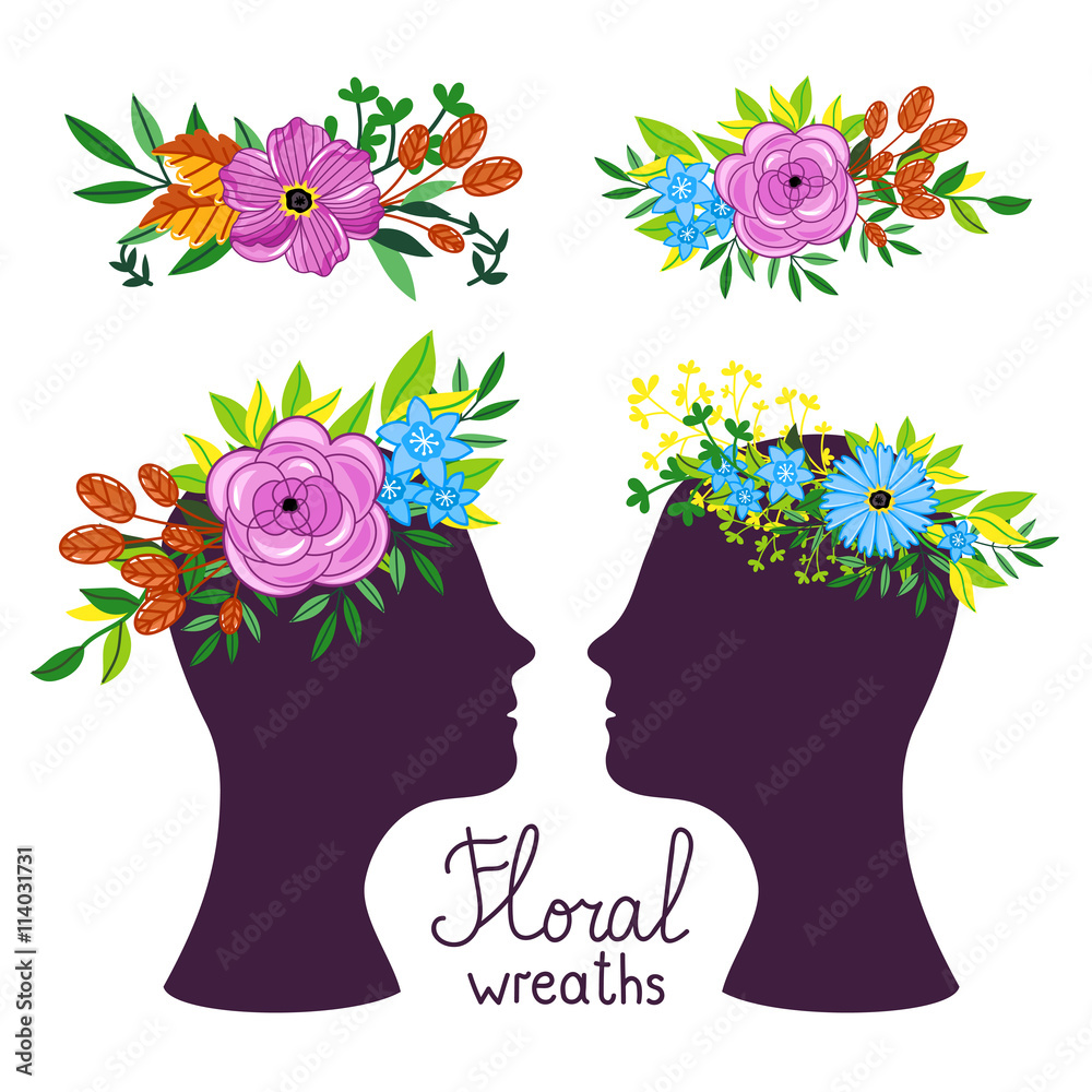 Floral wreath on the heads. Flower diadem. Vecor illustration.