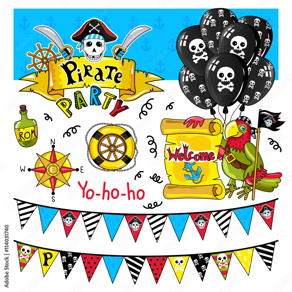 Pirate party elements for birthday, steering wheel, flags, bottle and other pirate symbols.