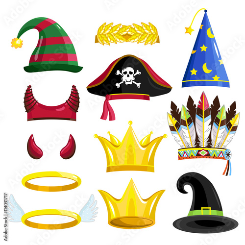 Birthday party photo booth props for festive or masquerade. Devil horn, halo, crown, pirate hat, crown, magician hat, Indian feathers, hat magician.