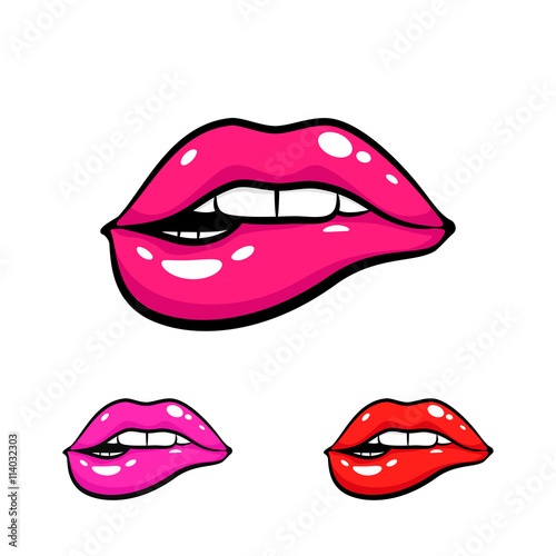 Female mouth biting her lips teeth . Vector comic illustration in pop art retro style isolated on white background. Three color variants.